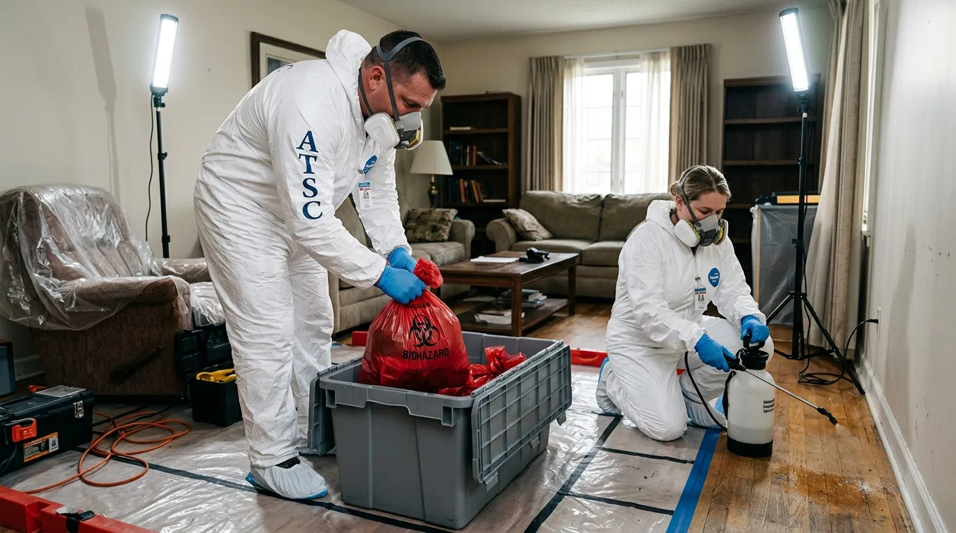 Professional Biohazard Cleanup technician in full PPE working in East Rochester